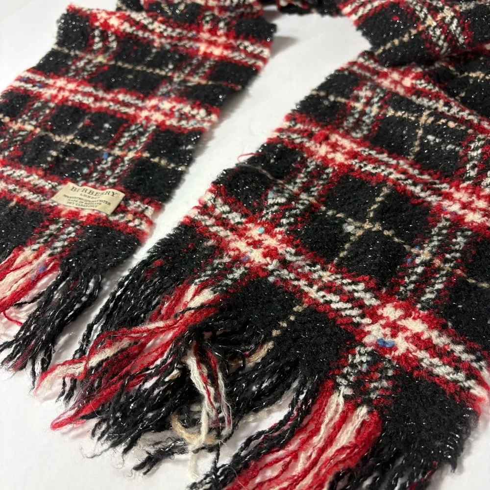Burberry London Nova Check Black Red Merino Wool Blend Fringe Scarf - Picture 7 of 10